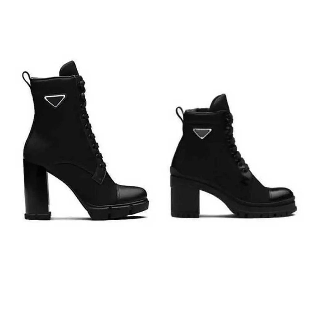 Buty designerskie Martin na kolanach buty zimowe buty na koturnie damskie nylonowe czarne skórzane bojowe szpilki 7,5 cm 9,5 cm Eu36-41 z pudełkiem NO256