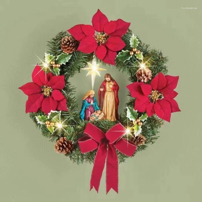 Flores decorativas sagradas guirlanda de natal ornamentos com pinha impressão baga pendurado guirlanda de natal janela porta da frente ornamento 2023