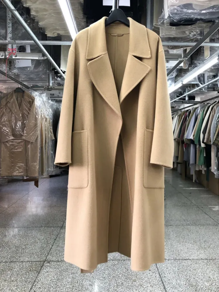 Damen Wollmischungen LANMREM Camel Doppelseitiger Wollmantel für Frauen Koreanische Mode Lockerer Stil Gürtelmäntel Winterkleidung High End 2DA1958 231108