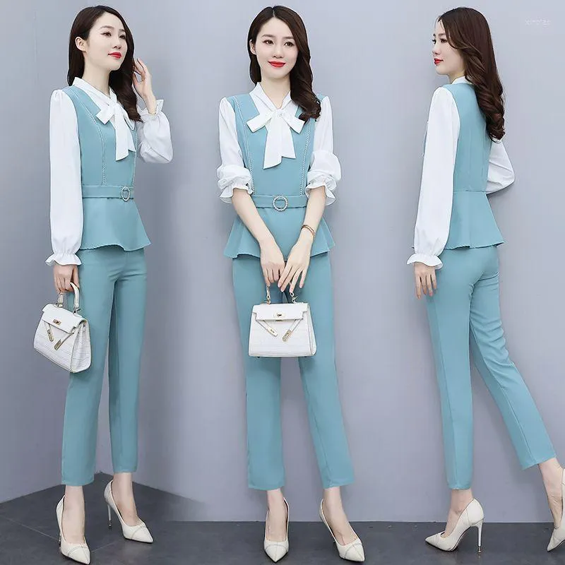 Women's Two Piece Pants 2 Sets Womens Outfits 2023 Spring Office Lady Fashion Elegant Patchwork Bow V-Neck Slim Pantsuits Female Costume