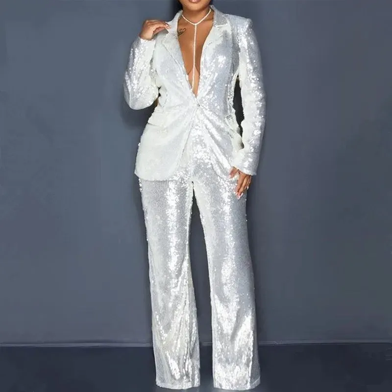 Women's Two Piece Pants 2 piece Set Fashion Solid Blazer Pant Suits Spring 2023 Long Sleeve Sequins Blazer Coat High Waist Wide Leg Pants Female Y068