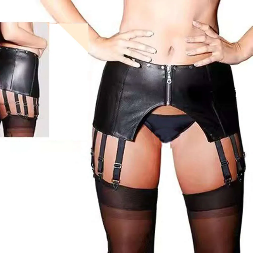 Sexy Kostüm, schwarzer Leder-Strumpfgürtel, 12 Riemen, sexy Strapsgürtel für Damen und Herren, Reißverschluss-Strumpfhalter mit Strümpfen, Höschen, Dessous