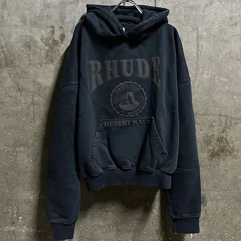 Herrtröjor tröjor Rhude Vintage Wash Old Printed High Street 1 Sports Hoodie Gray Black S XL 231108