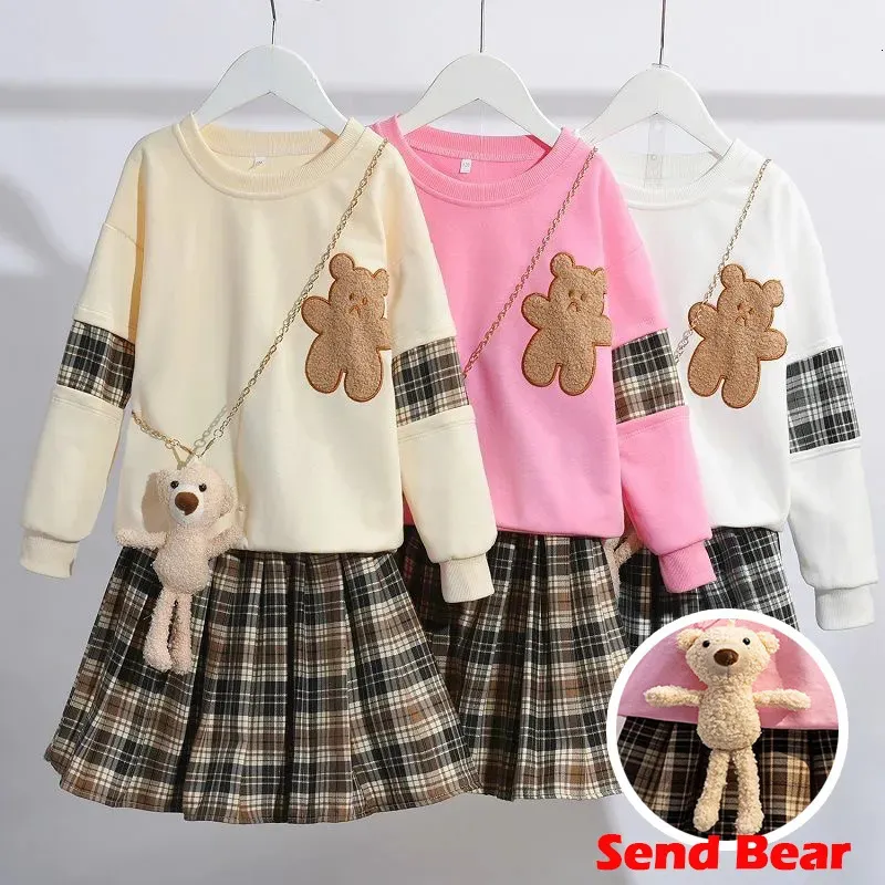 Clothing Sets 3-14 Years Teenager Girls Outfits Cute Bear Sweatshirt Plaid Skirt 2Pcs Suit For Girls Birthday Present Children Clothing Sets 231108