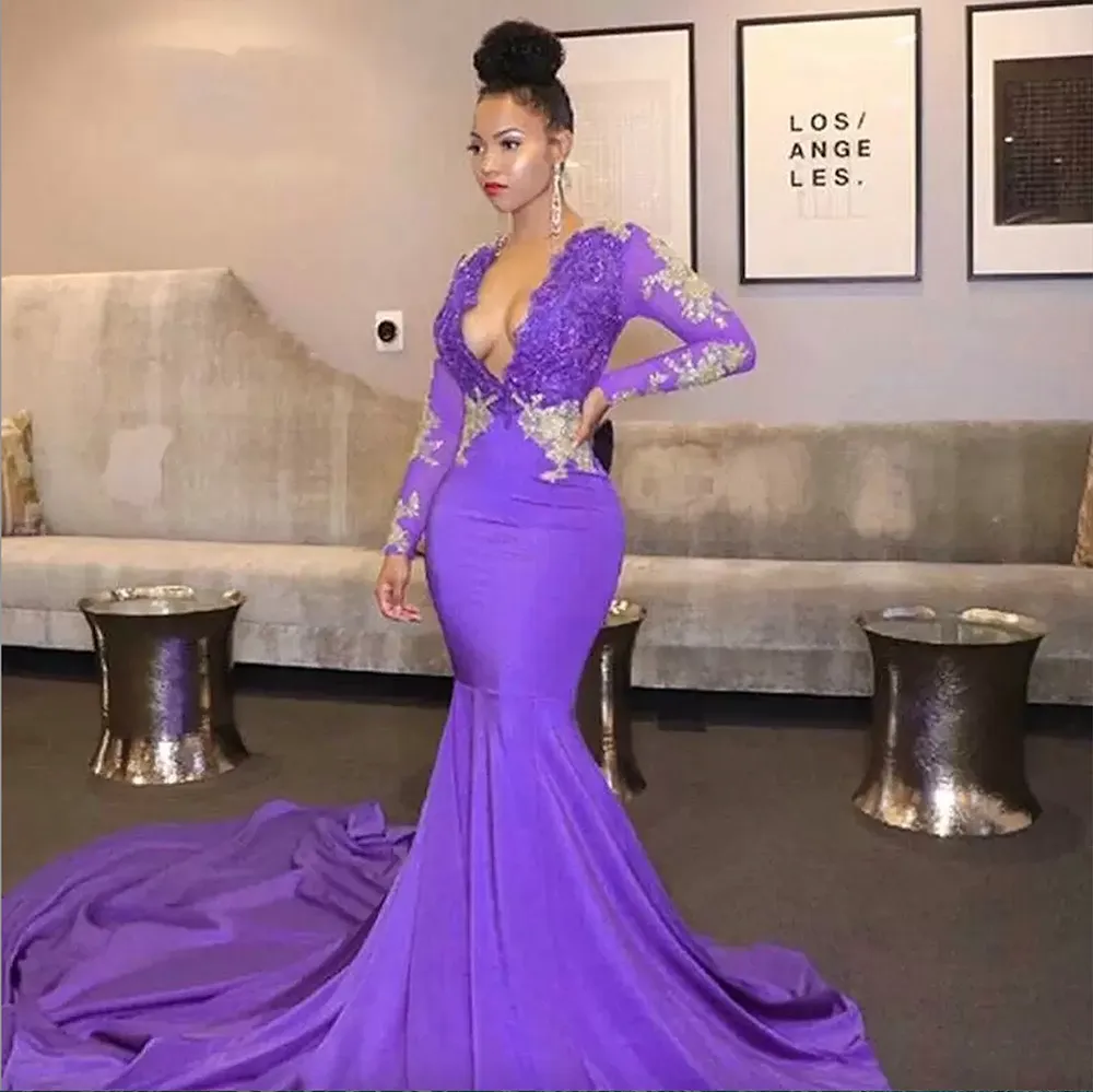 Girl Africa Black Purple Prom Dresses Sexy Deep V Neck Beaded Lace Appliques Evening Gown Long Sleeves Formal Party Dress