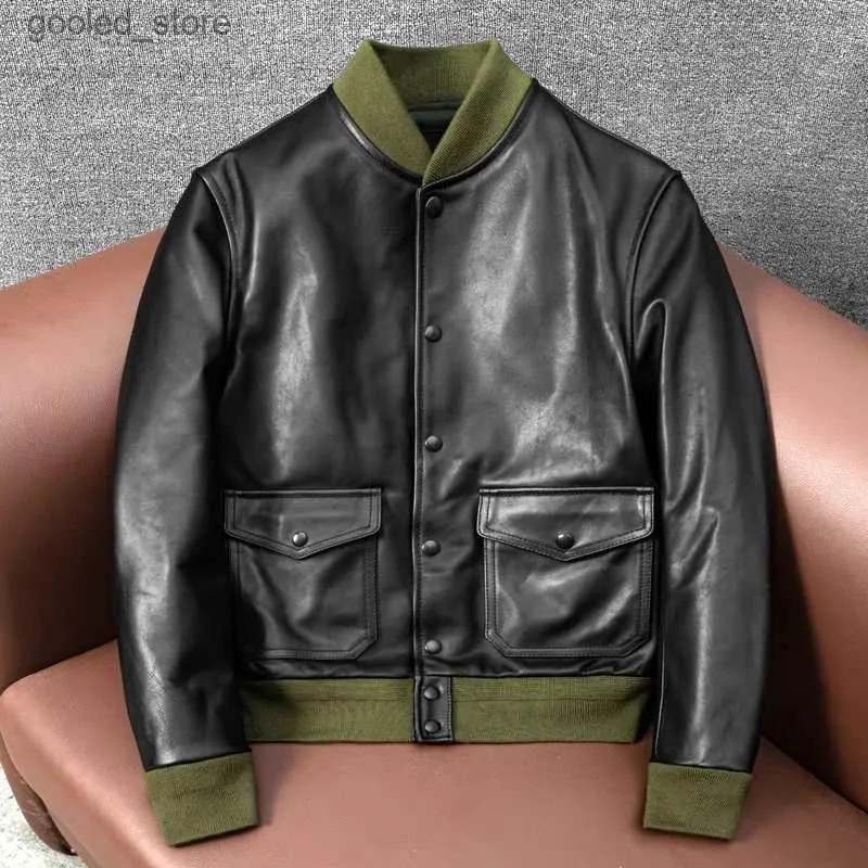 Herrjackor Nya män A1 Flight Suit Jacket First Layer Waxed Horse Leather Jacket Slim Short Stand Collar Baseball Coat Q231110