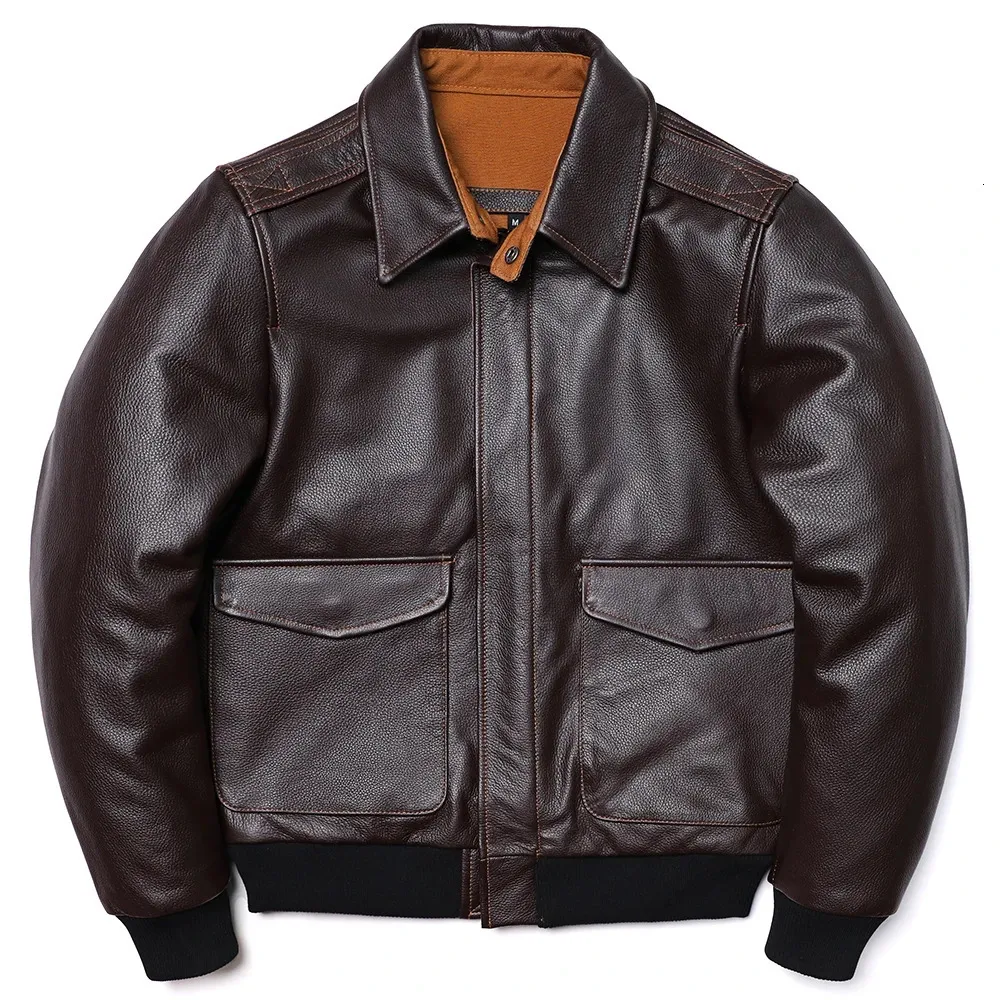 Mens Genuine Leather A2 Bomber Jacket Brown Cowhide, Winter Flight