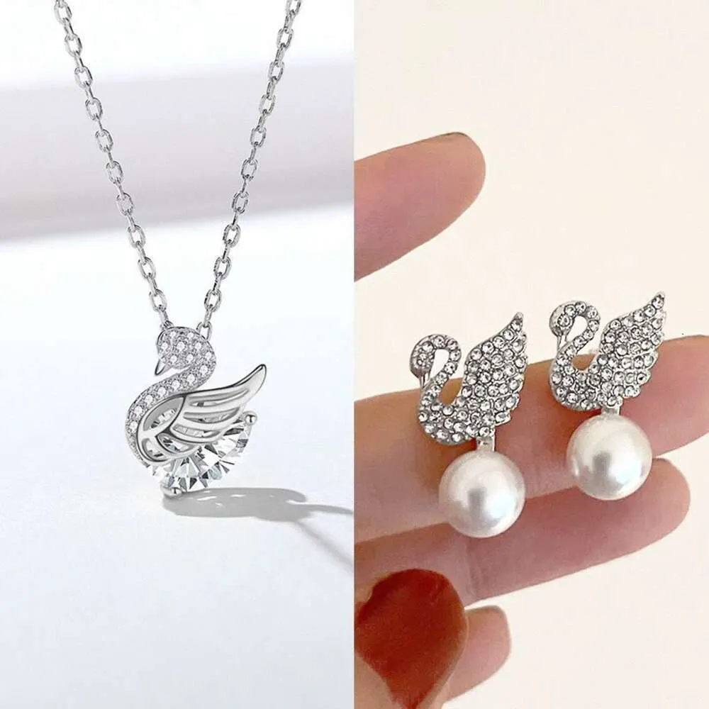 Swan Necklace Ear Stud Set South Korean Fashion New Style Personalized Trend Pearl Embedding Diamond Simple Mesh Red Ornament-3009