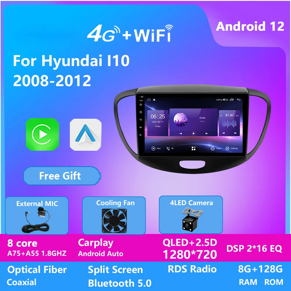 Lecteur Dvd vidéo de voiture Radio écran tactile système de Navigation Gps 2 Din Android stéréo pour HYUNDAI I10 2008-2012 DSP