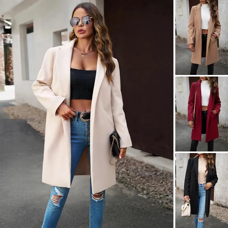 Costumes pour femmes Tesco Automne Hiver Femmes Élégant Manteau à manches longues avec poches Couleur unie Revers Chaud Coupe-vent Pardessus Blazer Mujer