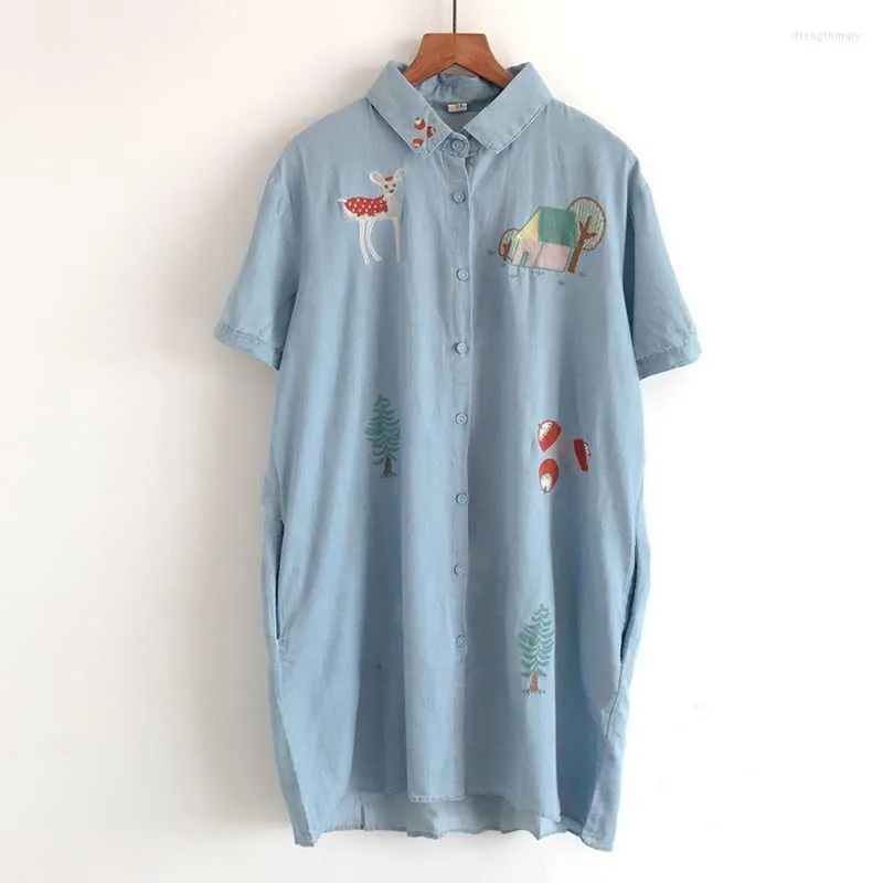 Women's Blouses & Shirts Soft Denim Material Embroidery Women Long Shirrts Vintage 2023 Blue Straight Short-Sleeved Casual Female Outwear Co