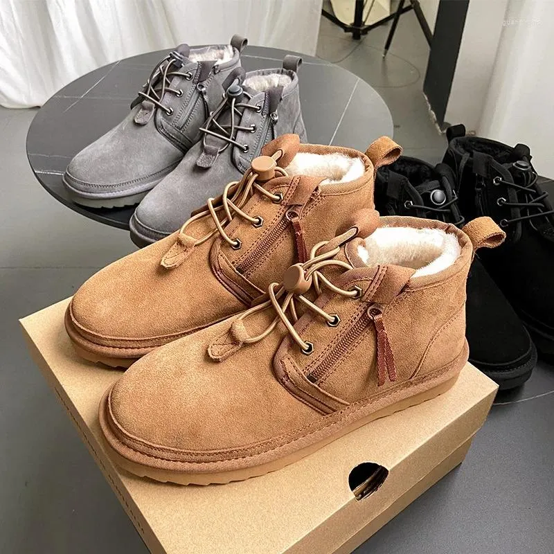 Bottes automne et hiver hommes en peau de mouton fourrure de neige fermeture éclair intégrée chaussures en cuir haute semelle extérieure en caoutchouc antidérapante moto