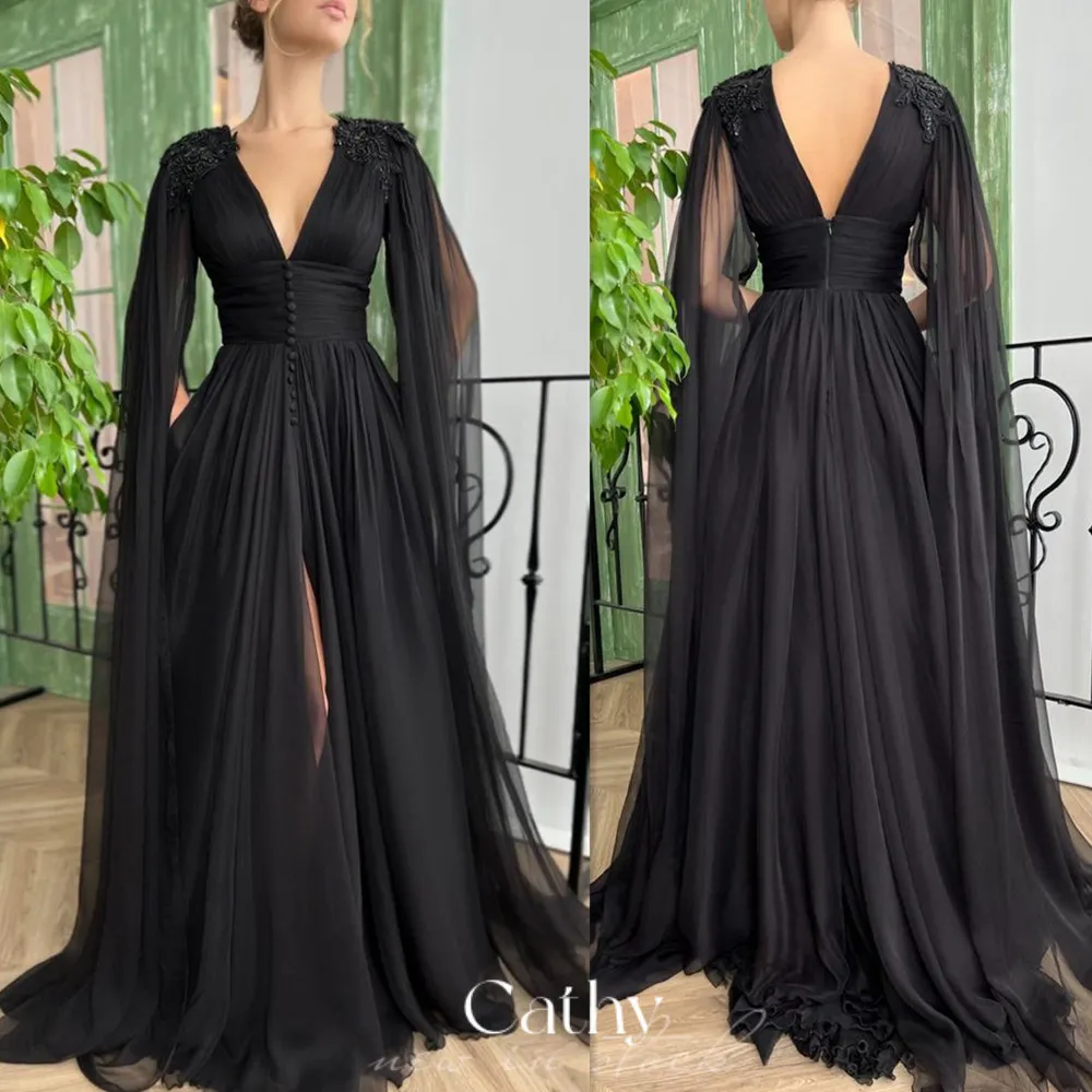 Party Dresses Cathy Black Cape Golvlängd Prom Dress Sexig sido Split kvällsklänning Prinsessan Tulle A Line Vestidos de Fiesta 230408