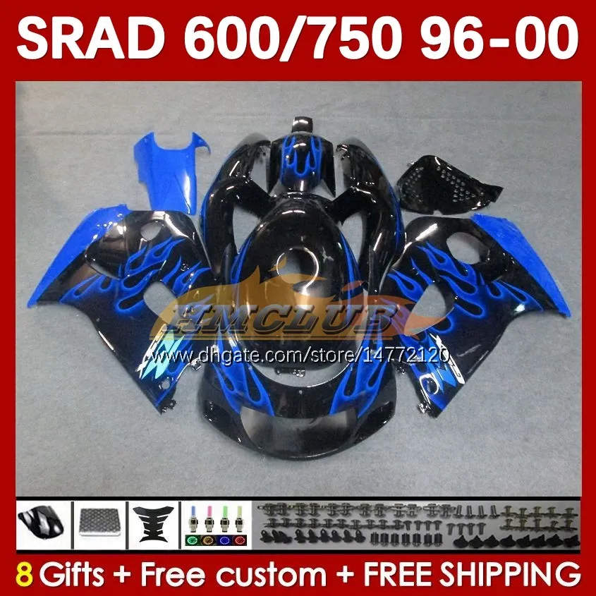 Body Kit för Suzuki Srad GSXR 750 600 CC GSXR600 GSXR750 1996-2000 168NO.52 GSX-R750 GSXR-600 1996 1997 1998 1999 2000 600cc 750cc 96 97 98 99 00 Moto Fairing Flames Blu