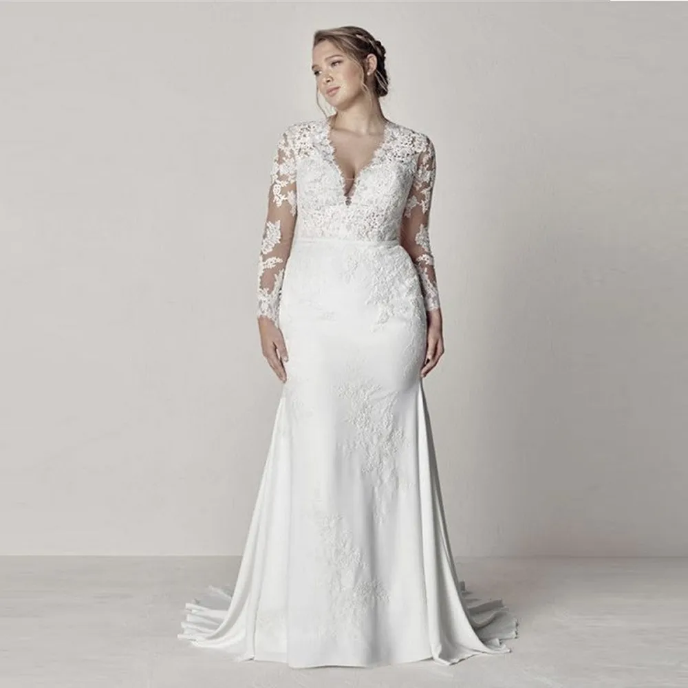 Robes de mariée sirène grande taille 2023 col en V bouton couvert robe de mariée dentelle Appliques ruban ceinture Mariage