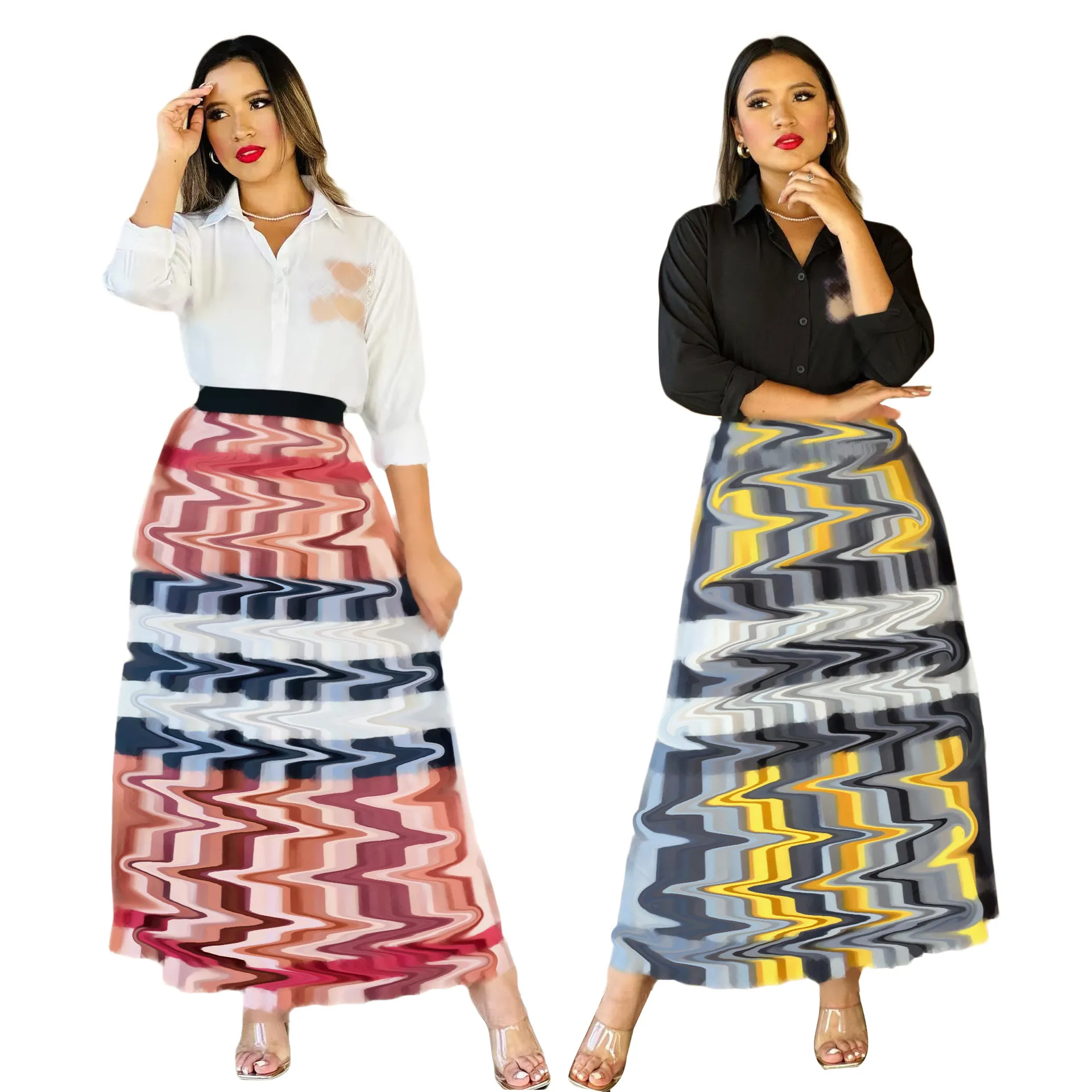 Ontwerper geplooide tweedelige jurk dames casual wit overhemd en maxi-rok set gratis schip