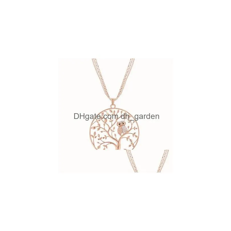 Anhänger Halsketten Kleine Eule Baum des Lebens Halskette für Frauen Strass Rose Gold Pullover Kette lange Aussage Dhqml