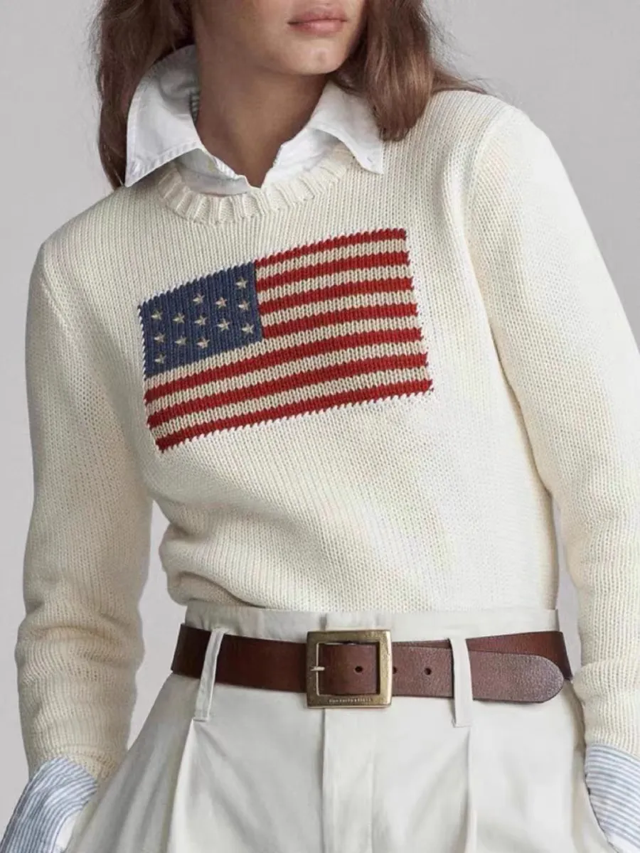 American Flag Sweater For Women Pullover De Algodão Confortável