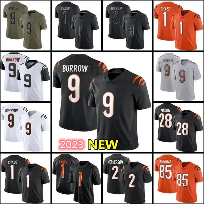 9 Joe Burrow Camisa de futebol 1 Ja'Marr Chase Tee Higgins Evan McPherson Joe Mixon Sam Hubbard Logan Wilson Trey Hendrickson Myles Murphy Tyler Scott Homens Mulheres Juventude