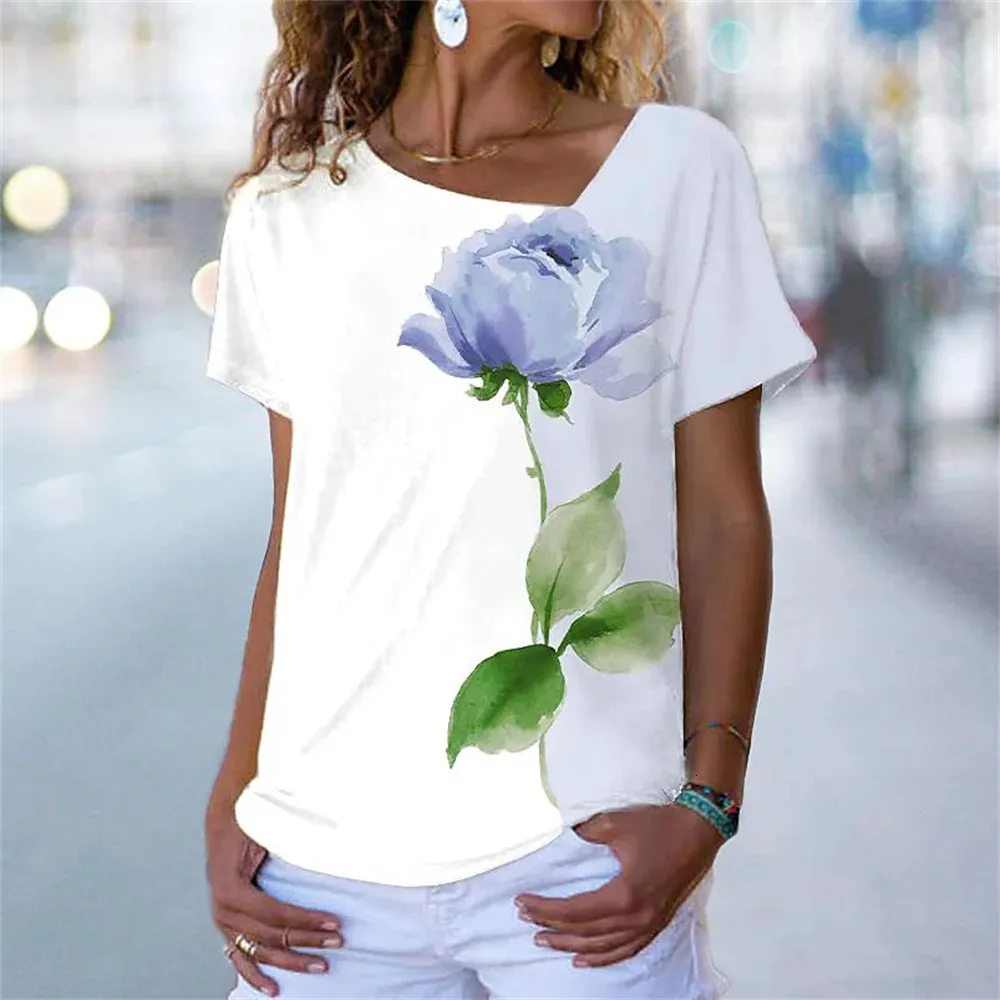 Damen T-Shirt Sommer T-Shirt V-Ausschnitt 3D Blumendruck lässig Vintage Harajuku Mädchen Personalisierter Kurzarm Reißverschluss 230408