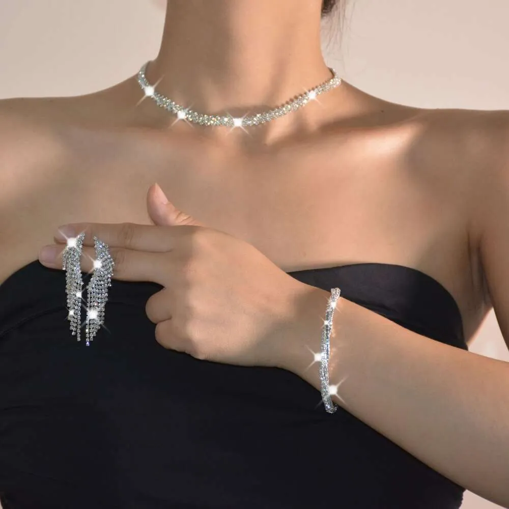 Pulseira de moda de três peças com fileira dupla de diamante quebrado conjunto de brincos de colar minimalista