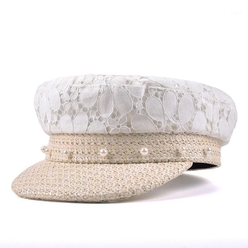 Beretten H7643 Dames Beret Hat Girl Zomer Zonnebrandcrème Lace Straw Cap Vrouw Mode Pearl Flat Top Zon Bescherming Elegante chique hoeden