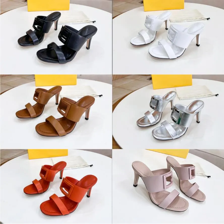 2023 Women's Designer Classic Fashion Sandals Luxury High Heels Metal Button Wedding Party Dress Box Sexig Slim Fit High Heels 35-43 med låda