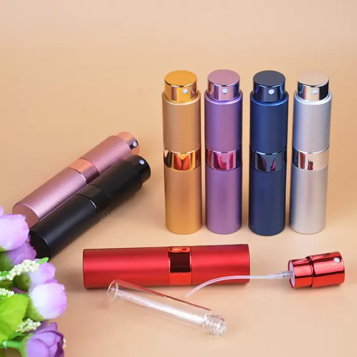 Portable 8ml rotary spray bottle anodized aluminum Spray perfume bottles glass empty makeup perfume tube bottle High Quality 2018 New