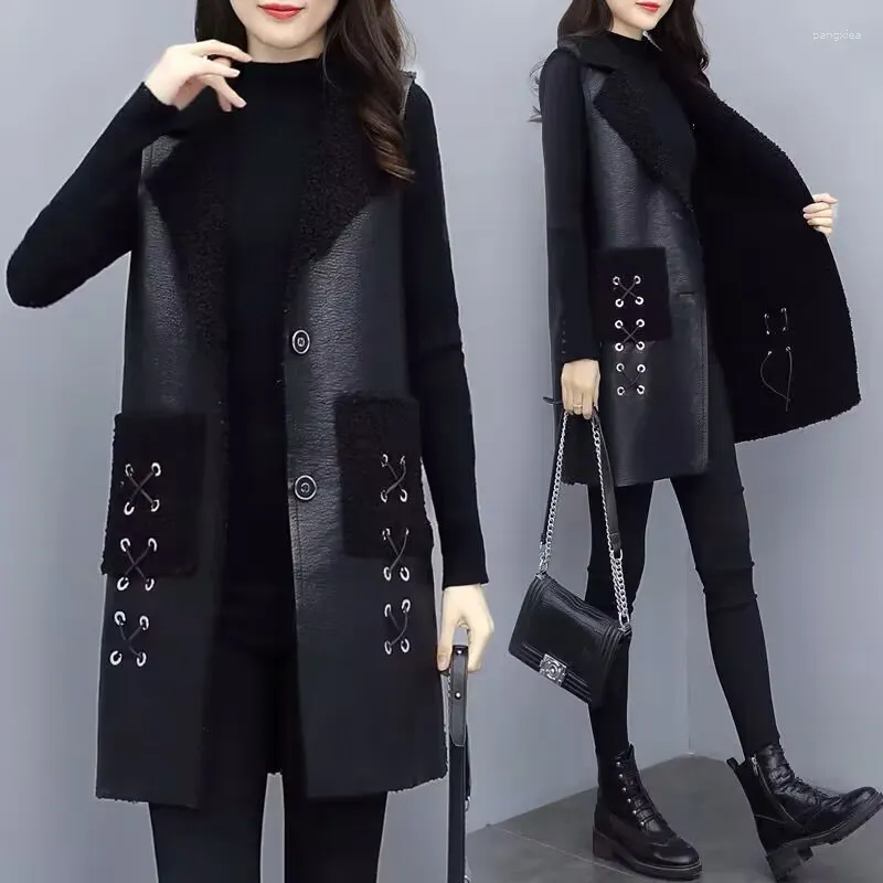 Coletes femininas mulheres faux cordeiro lã colete tops sem mangas casaco de inverno gilet femme moda coreana marrom longo engrossar chaleco mujer outerwear