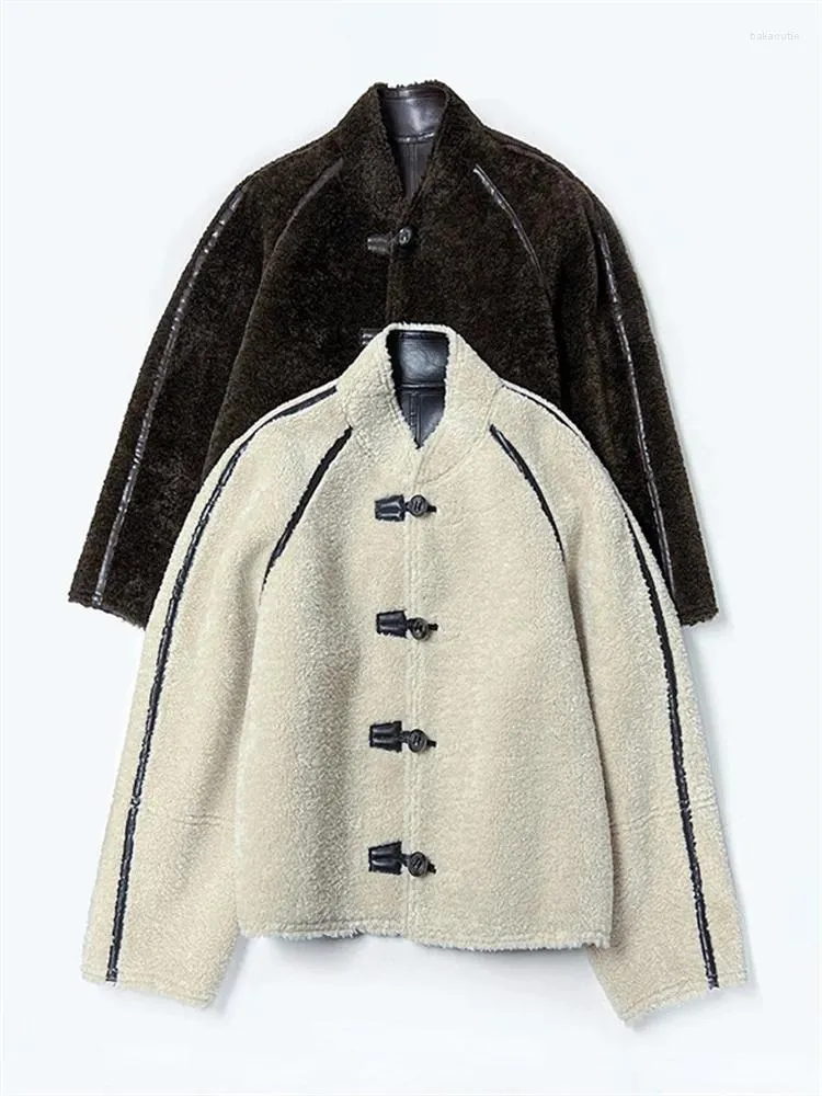 Giacca da donna in pelliccia di agnello o pelle a due pezzi in pelliccia invernale con colletto alla coreana caldo e top monopetto a maniche lunghe da donna
