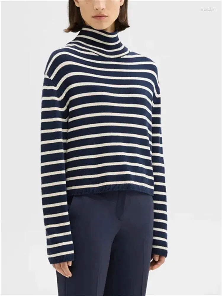 Pull à col roulé rayé de couleur contrastée pour femme, tricot à manches longues, ample, en laine de cachemire mélangée, collection automne-hiver 2023