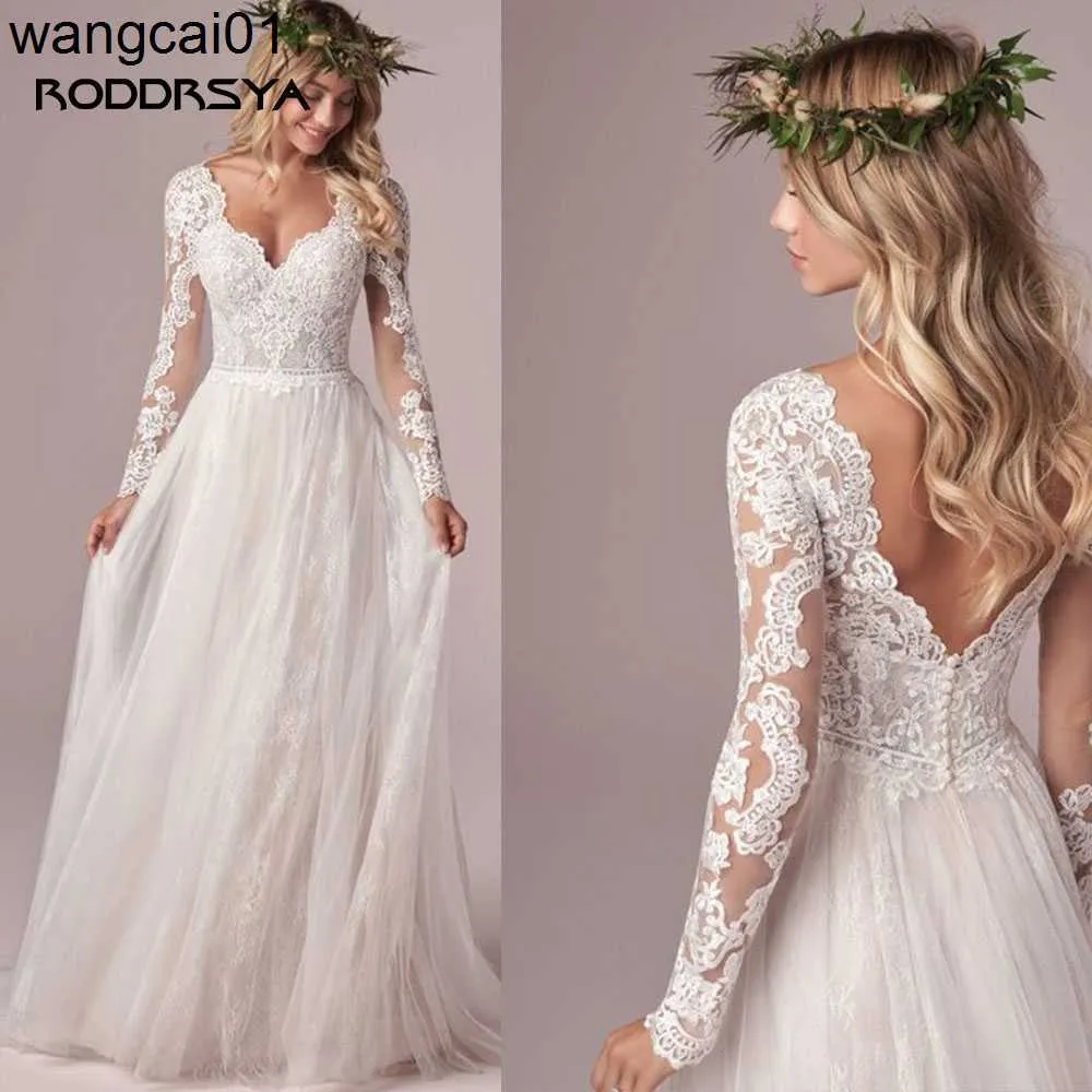 Feestjurken Roddrya Tul Long Seve Wedding Jurken Boho V-Neck Lace Appliques Bridal Jurys A-Line Open Back For Women Robe de Mariee 0408H23