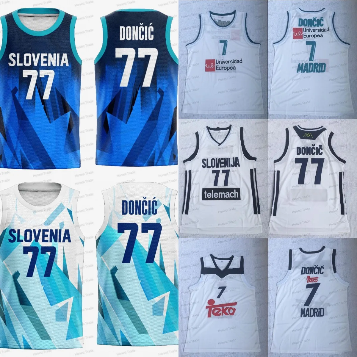 7 Luka Doncic 77 Slovenia Maglia Madrid Eurolega Europa Pallacanestro Nazionale Maglia Uomo Blu Bianco Trasferta Maglia traspirante cucita per gli appassionati di sport