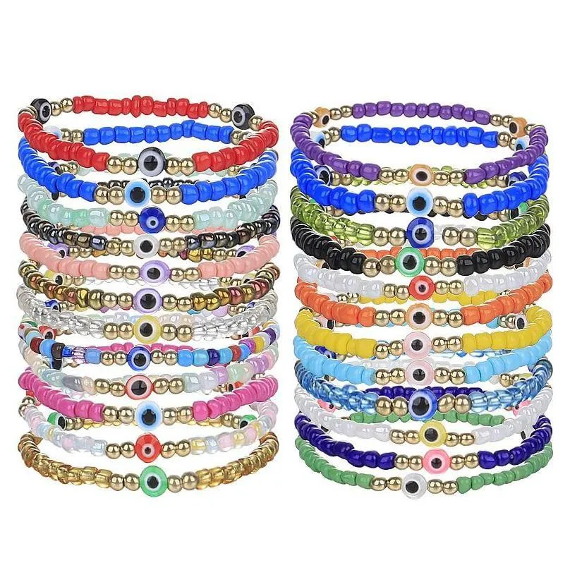 Bracelets de charme Bracelets de charme Bracelet d'oeil turc maléfique Chaîne de corde à la main Colorf Cristal Riz Perlé Élasticité pour Wome Dhgarden Dhijp