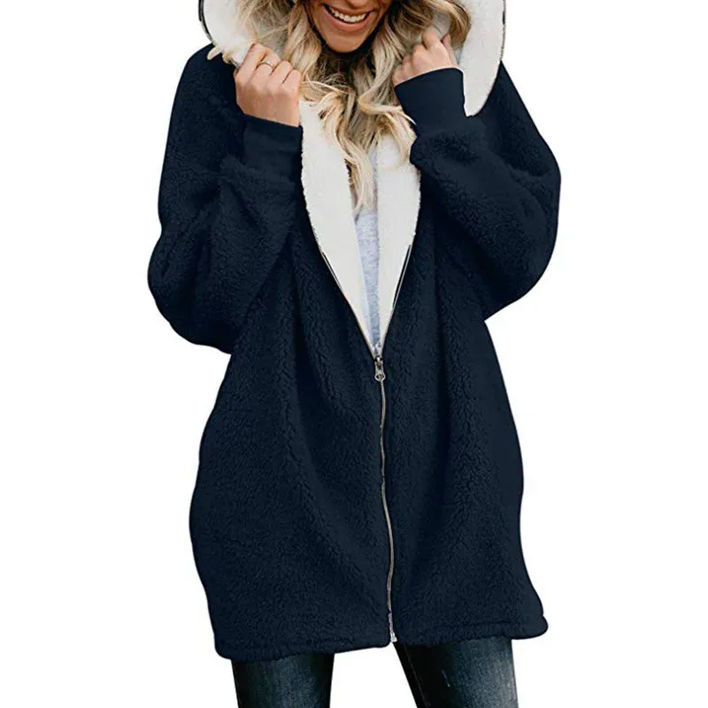 Plus Size Black Ladies Long Fleece Jackets With Zipper Hood For
