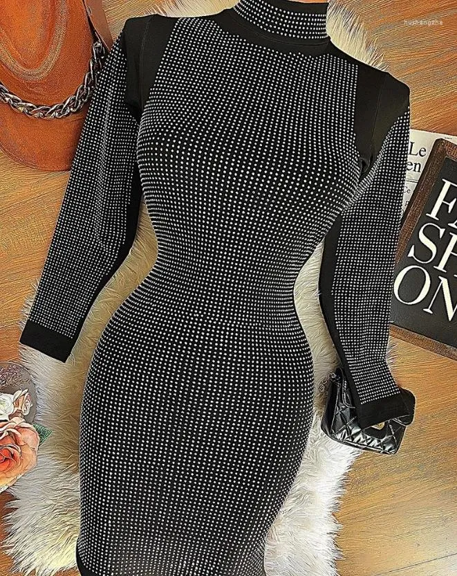 Colorblock Rhinestone Mock Neck Casual Dress for Women - Autumn/Winter Fashion, Sexy Party Skirt Colorblock Rhinestone Mock Neck Casual Dress for Women - Autumn/Winter Fashion, Sexy Party Skirt