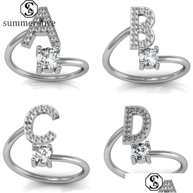 Bandringen Nieuwe mode 26 Letters Ring For Women Girls Small Rhinestone Open Finger Engagement Classic Wedding Party Sieraden GI DH6UH