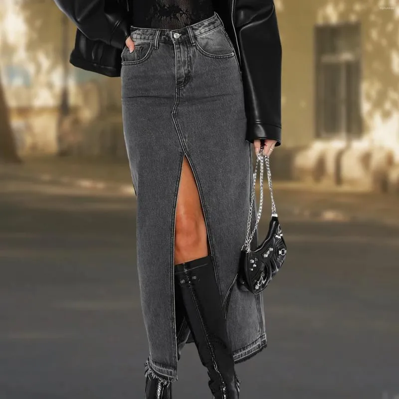 Saias cintura alta jean saia angustiada mulheres com bolsos frente fenda zíper fechamento casual slim fit y2k estilo roupa diária