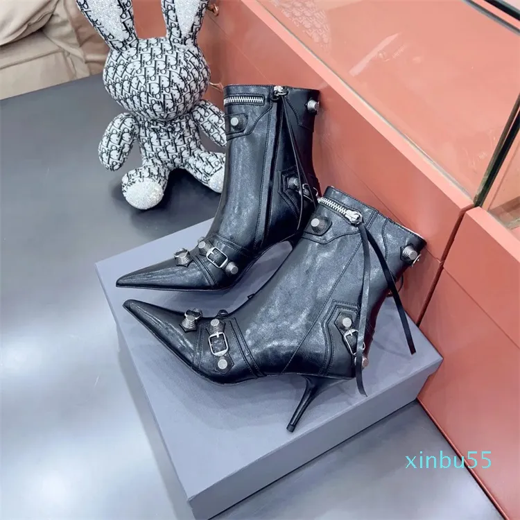 lambskin läder fotled stövlar stud spänne utsmyckade sido -zip skor pekade tå stilett heel booties lyxdesigners sko för kvinnor