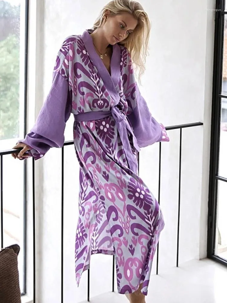 Kvinnors sömnkläder Linad Patchwork Robes For Women Lose Long Sleeve Sashes Print Casual Bathrobe Female 2023 Autumn Fashion Nightwear