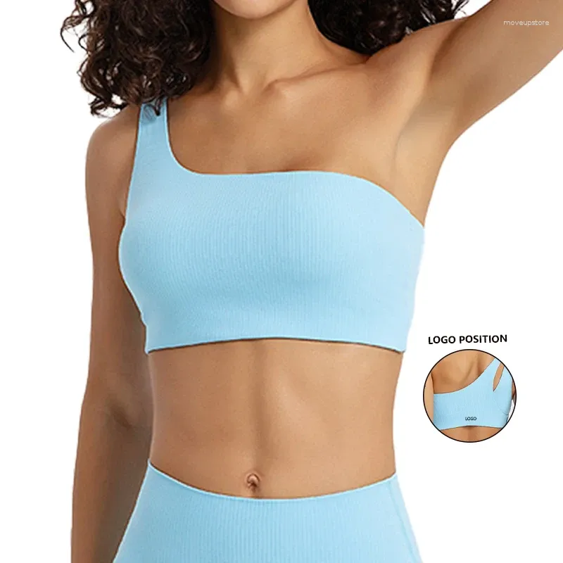 Yoga outfit Single Shoulder Sports Bra droppe Sexig stötsäker fitness Solid färg Personlig underkläder för damer