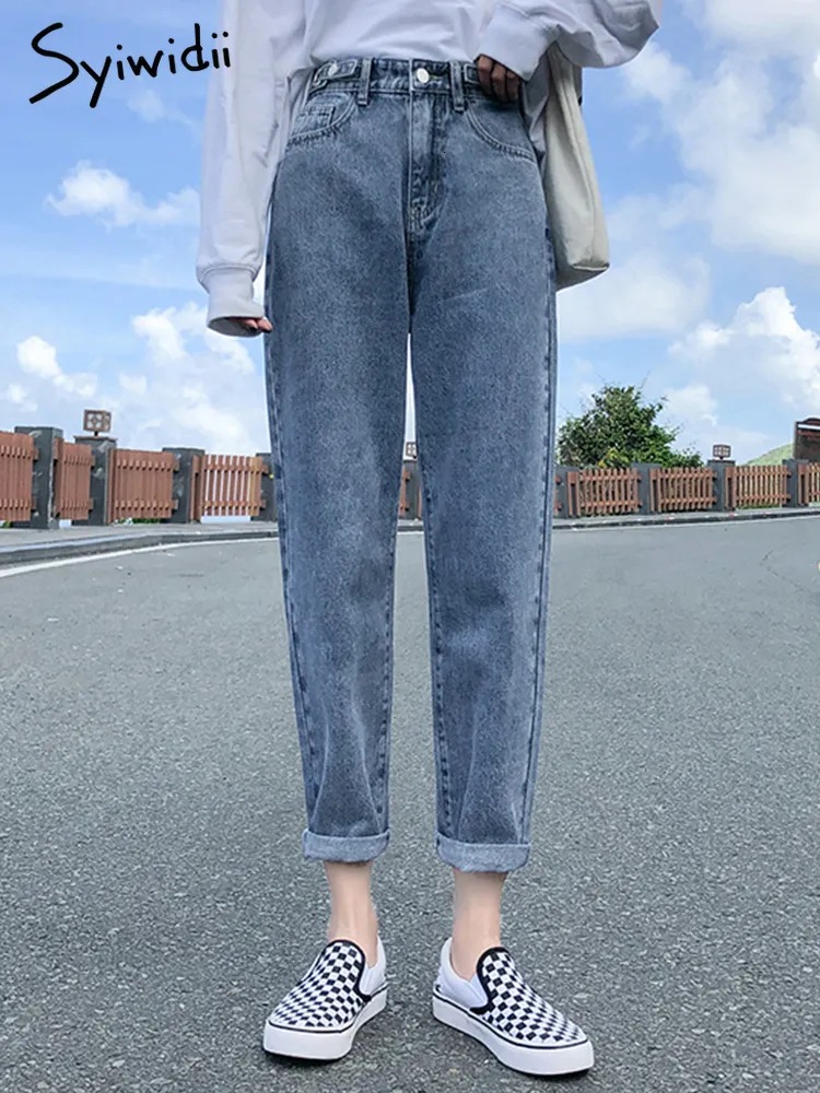 Damesjeans Syiwidii ​​Hoge taille jeans Dames denim broek Lace Upwash losse gecoate broek Casual Mother Jeans Gray Vintage 230408