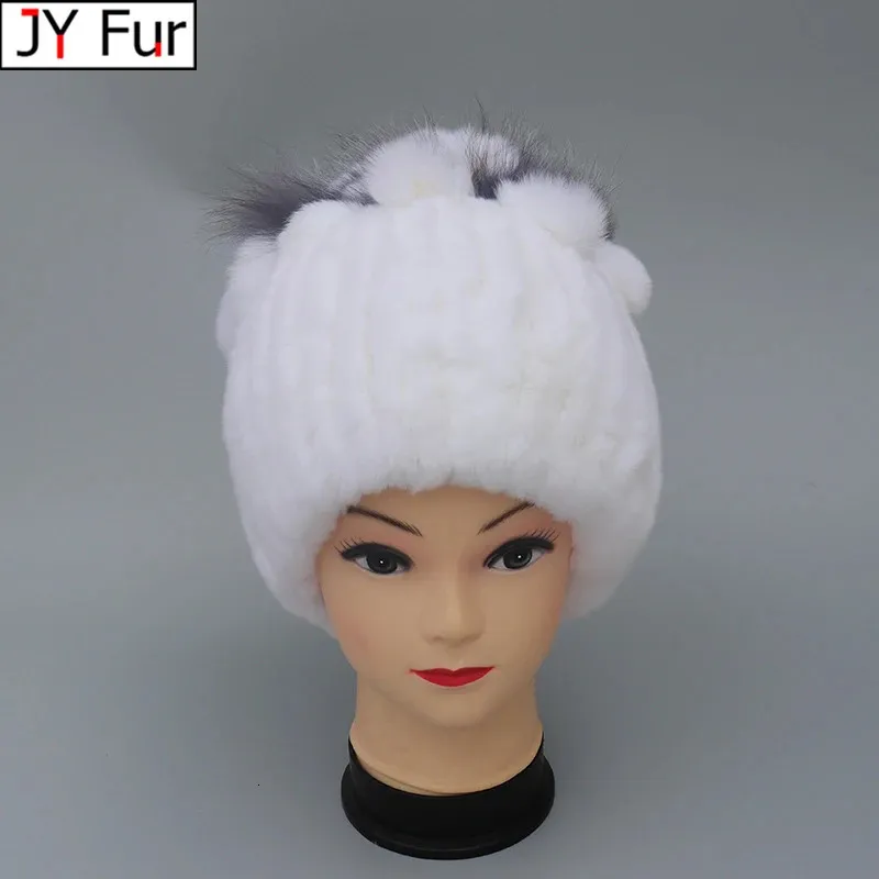 Berretti Beanie/Teschio Cappelli di pelliccia naturale per le donne Inverno Reale Rex Cappello di coniglio Pelliccia di volpe Lavorato a maglia Femminile Caldo Berretti da neve Donna Elegante Principessa Berretti Berretto 231108