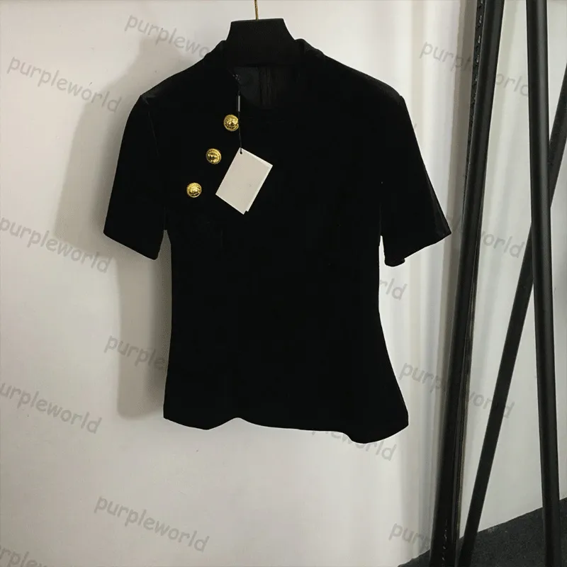 T Shirt Women Oblique Button Decoration Design Slim Retro Velvet Short Sleeve Temperament Black