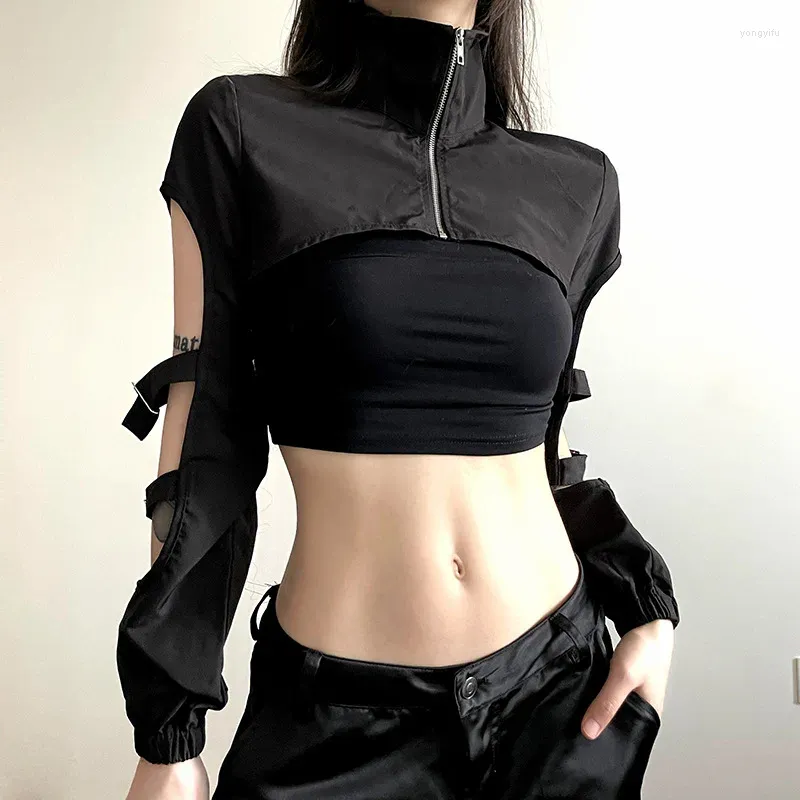 Kvinnorjackor ihåliga ut Techwear Fashion Cargo Cardigans Cyber ​​Gotic Darkwear Zip Up Sexig Crop Y2K Punk Turtleneck Streetwear Tops