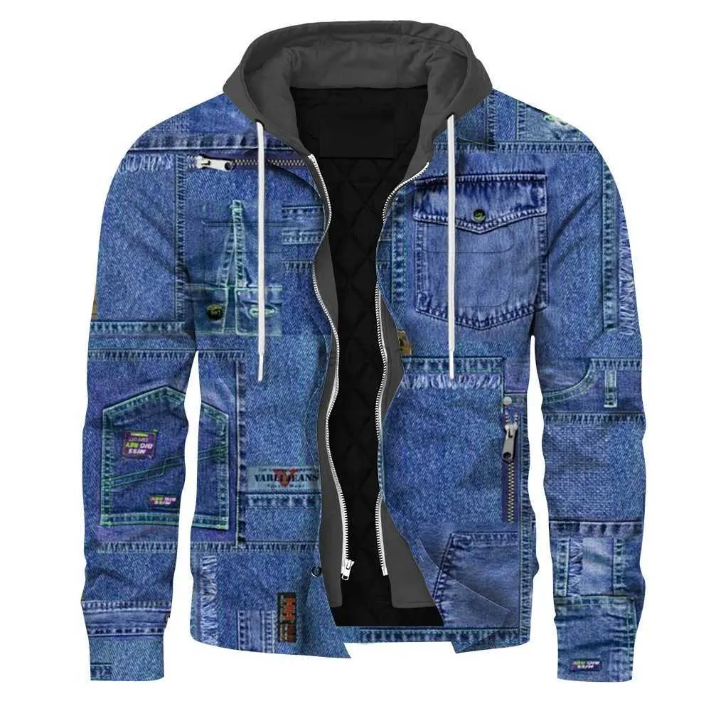 Herrenjacken HX Fashion Herrenjacken 3D-gedruckter gefälschter Denim-Taschenspleißmantel Winter verdickte laminierte Baumwolle warme Reißverschluss-Hoodies S-5XLzln231108