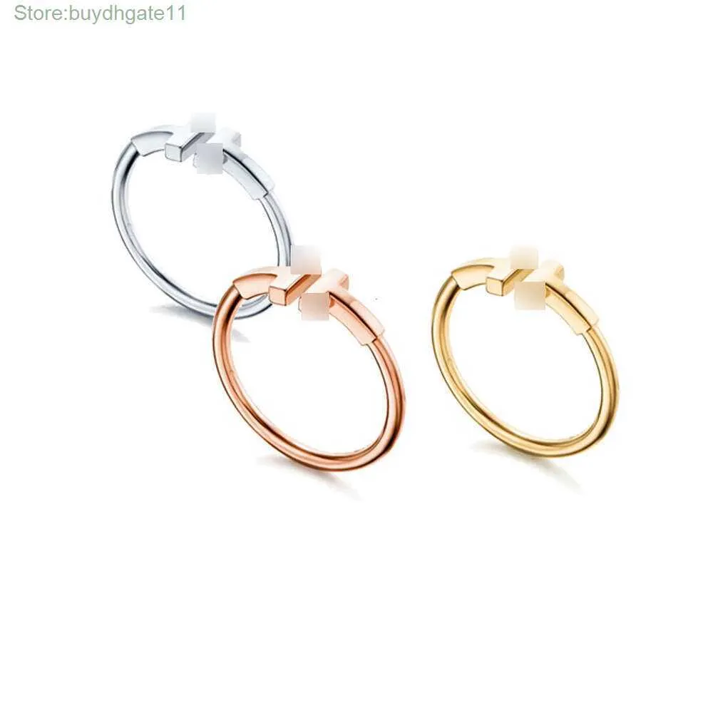 Band Rings t Home Jewelry 925 Silver v Gold Material Simple Tiffa T-home Fashion Commuter Enamel Double T-shaped Open Ring J6fi