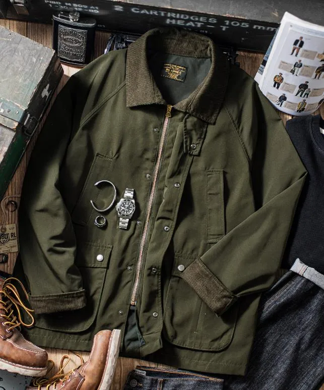 Herrenjacken, Herrenjacke, wachsfreier Cordkragen, winddicht, lockere Passform, Militär-Safari-Motorradmantel, Frühling, Herbst, UK, Retro-Kleidung