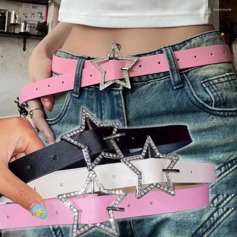 Pasy Y2K różowa skórzana elastyczna gwiezdna rhinestone Star klamra Pasek Wiązanie Wiązane pasy Pentagram Retro Retro Dekoracja Dekoracja