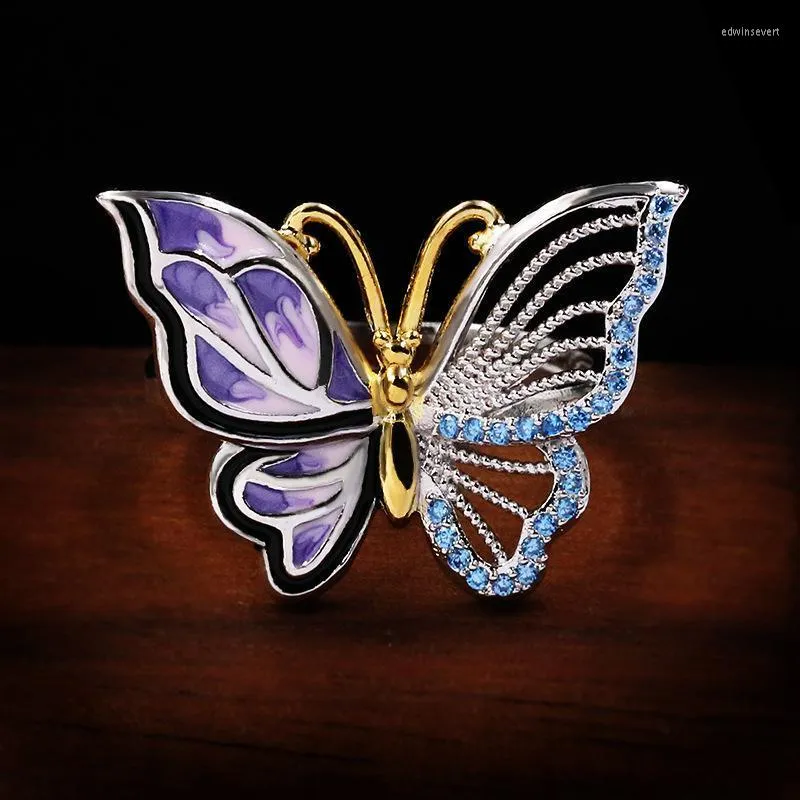 Anneaux De Mariage Unique Style Femelle Violet Émail Papillon Anneau Vintage Or Argent Couleur Pour Femmes Charme Bleu Cristal Mince Edwi22